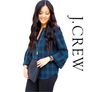 J.CREW Tartan Plaid Bell Sleeve V-Neck Blouse In Navy Blue & Green Sz M